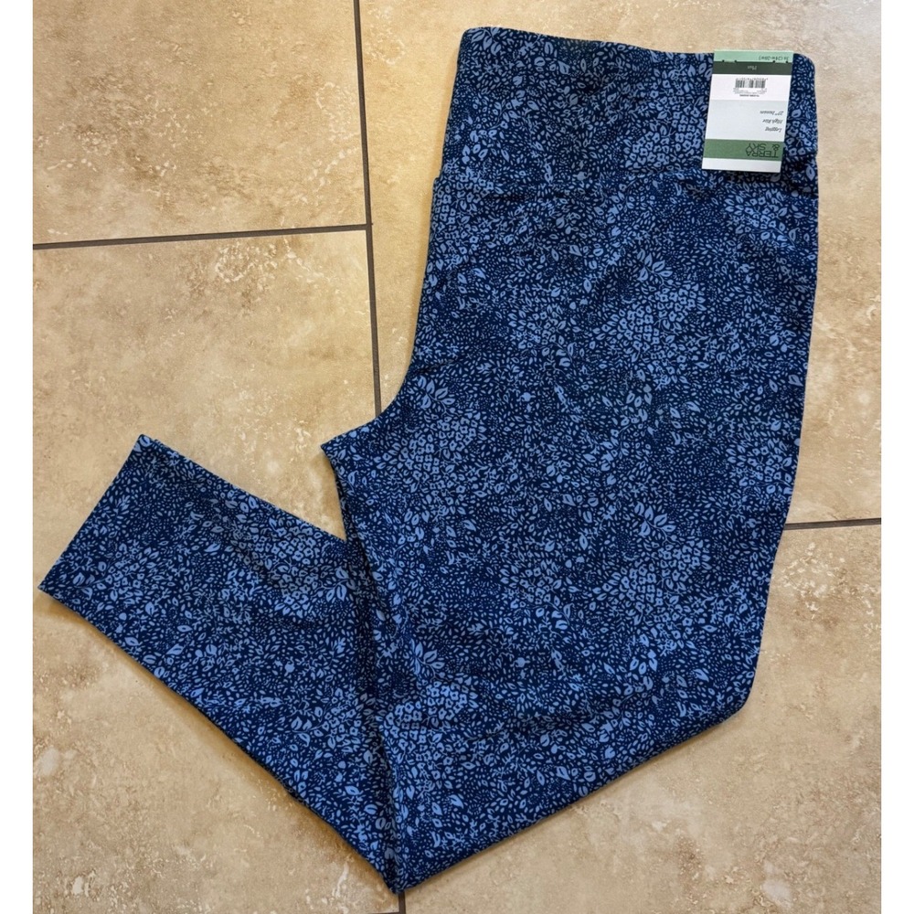 Terra & Sky Leggings Women 3X (24w-26w) Leafy Floral Blue High Rise Cotton NEW